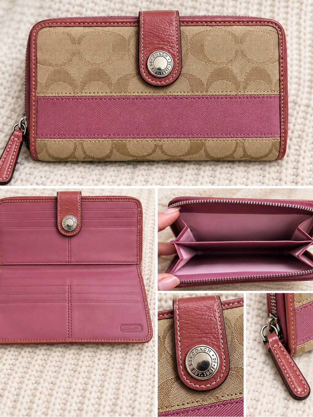 Coach Tan Canvas Wallet with Pink Stripe and Leather Trim